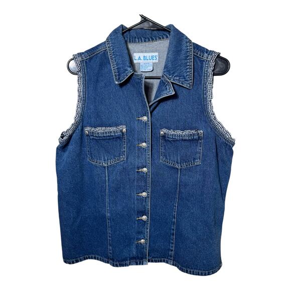 L.A. Blues Vintage 90s Denim Vest Women Ruffle Trim Western Style Large - Picture 2 of 4